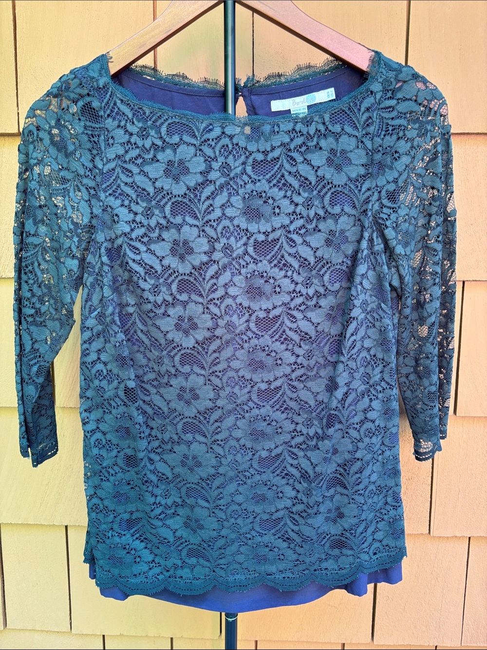 Boden Dark Green Floral Lace Navy Lined Blouse 3/4 Sleeve Top Size‎ 2 WA538